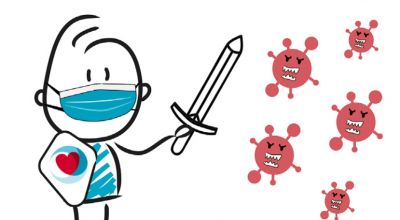 Pflegedienst Lilienthal Männchen mit Schwert und Schild, kämpfend gegen Bakterien